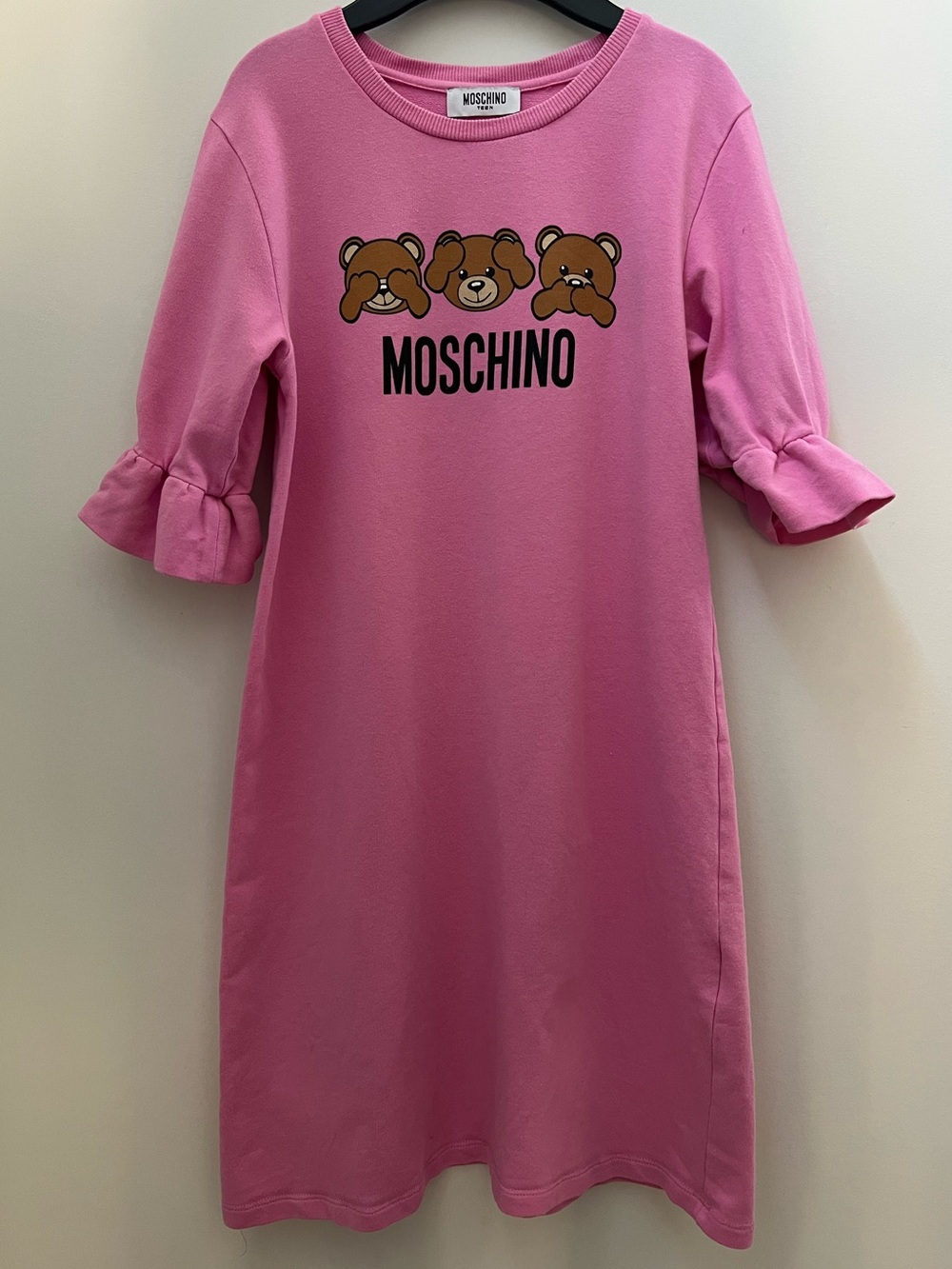 Moschino Pink Bear Logo Ruffle Sleeve Casual Sweater Dress